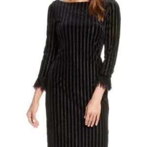 Metallic stripe feather cuff black dress